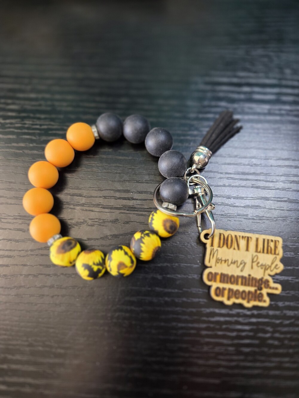 Wood Laser-Engraved Wristlet Keychain "I Don't Like Morning People"
